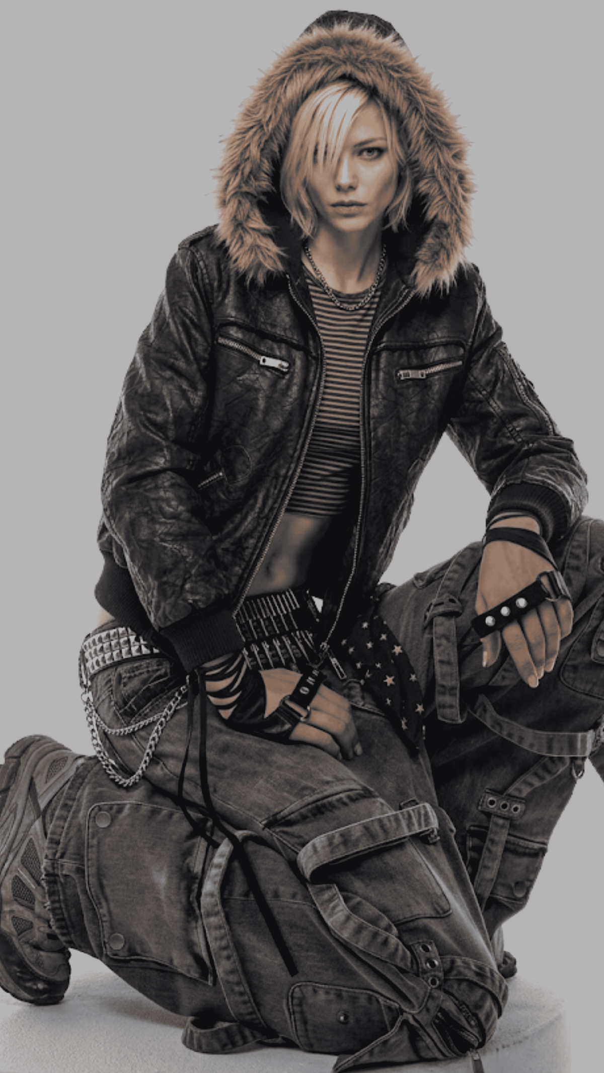Trendy Y2K vintage fashion presentation featuring a baggy black leather jacket with rich brown fur styled for a 2000s streetwear look.