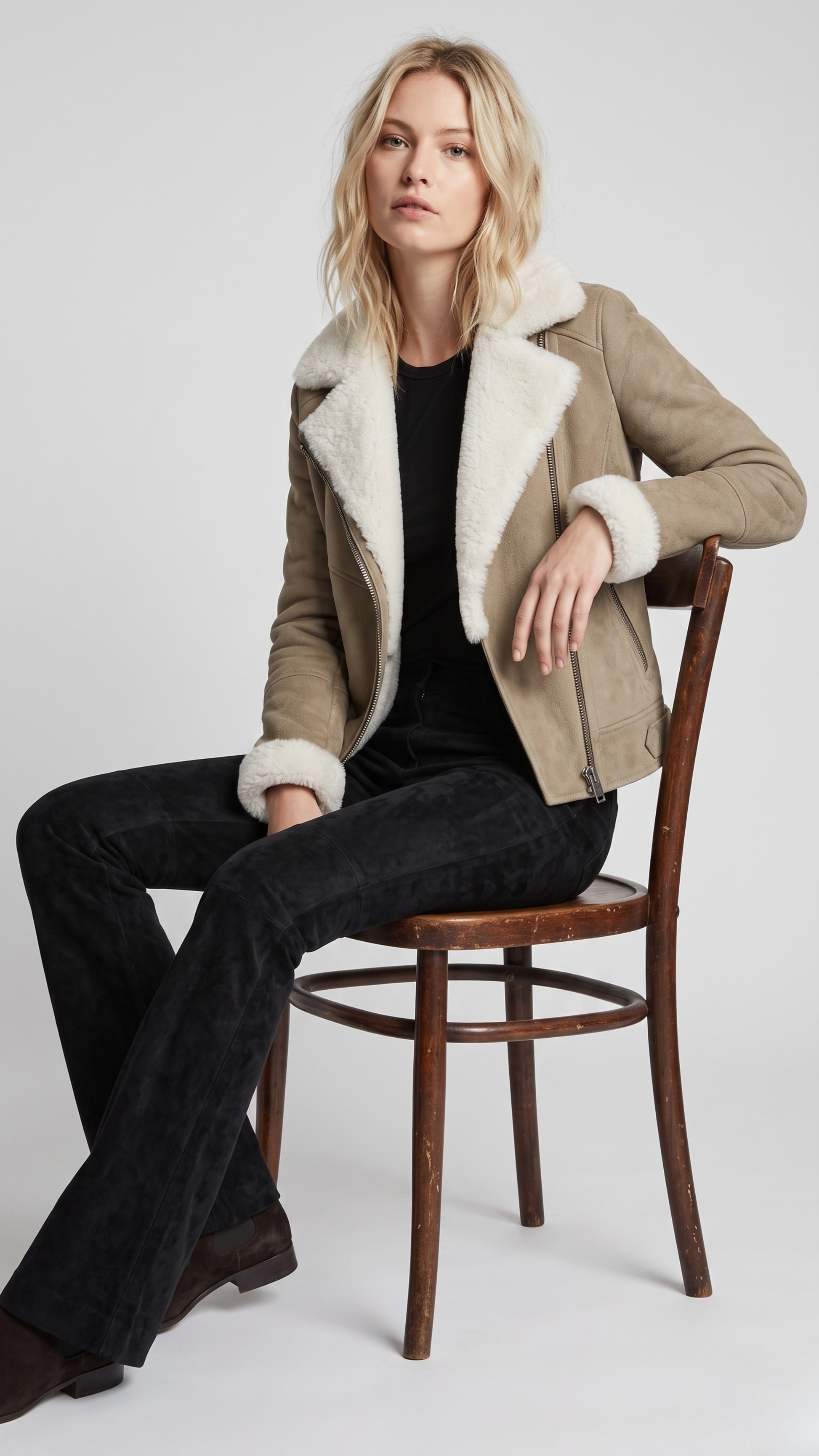 Women's sophisticated winter fashion featuring a stylish sand-colored suede jacket with warm shearling collar trim.