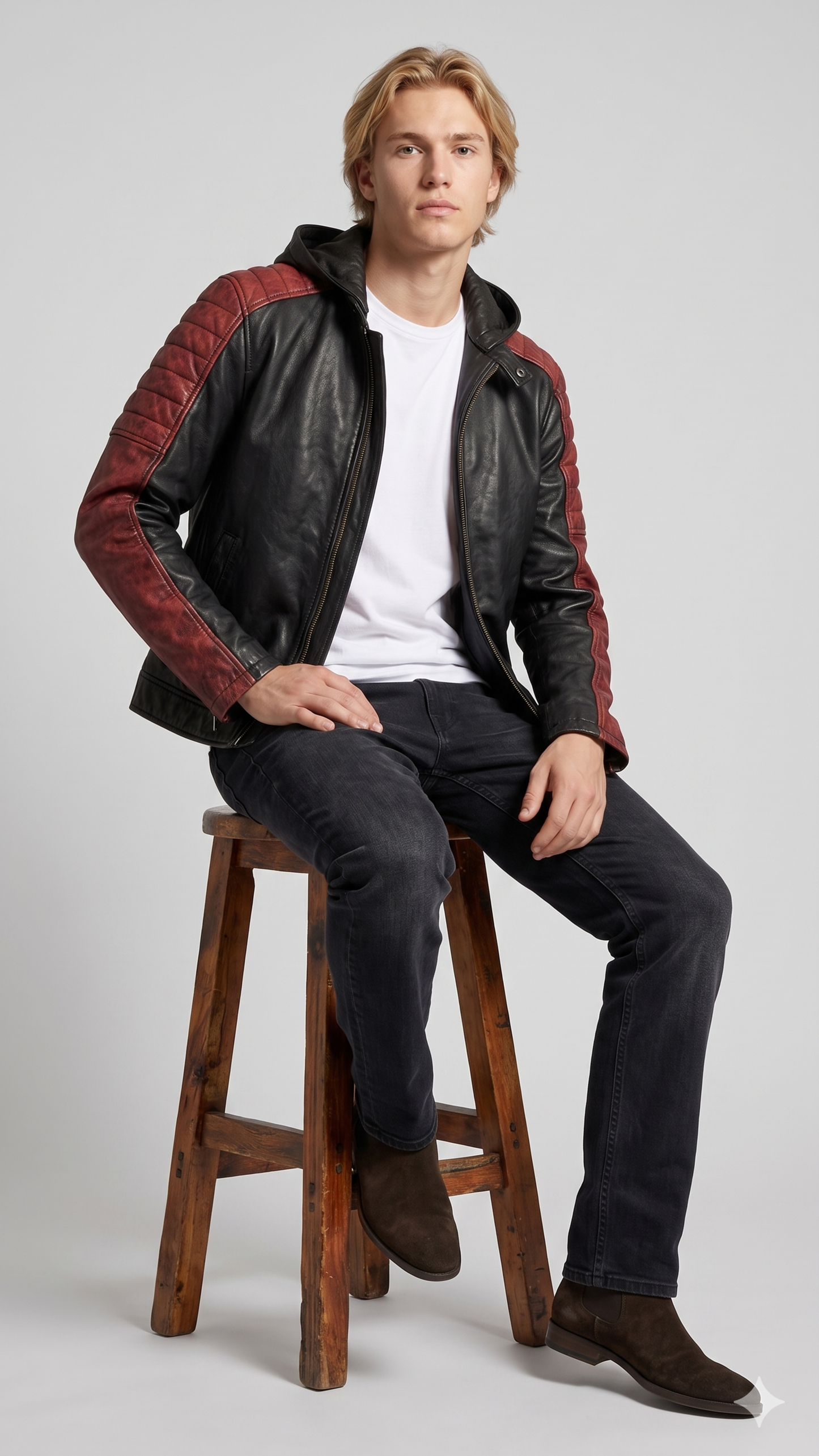 Men's modern streetwear fashion featuring a black and red bicolor leather jacket with a comfortable hood.