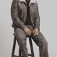 Premium tailored fit grey distressed leather jacket looking stylish for modern casual winter streetwear.