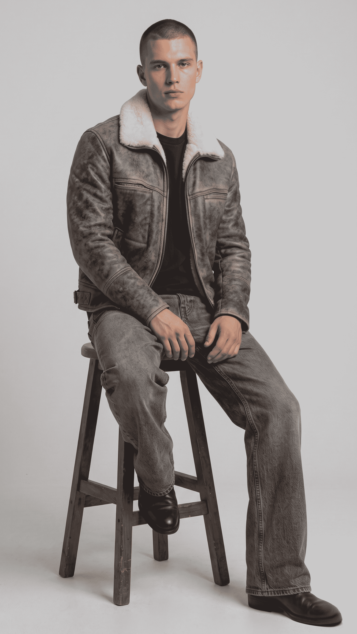 Premium tailored fit grey distressed leather jacket looking stylish for modern casual winter streetwear.