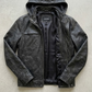 Jackero jacket flat lay photography showing the interior lining and clean design of a premium black leather jacket with an attached hood.