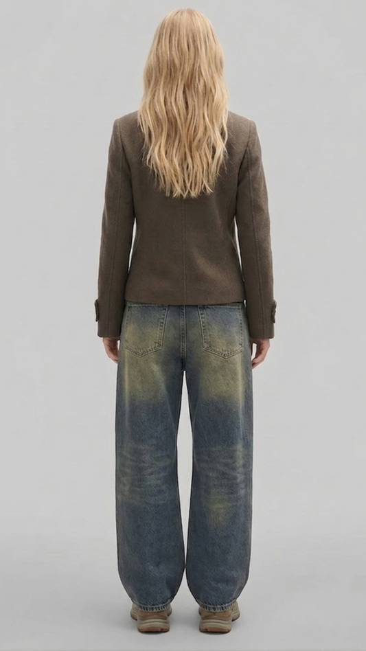 back profile showcasing the compact length and silhouette of a dark brown wool pea jacket.
