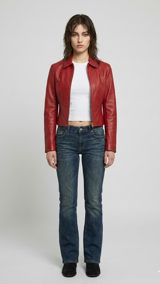 Jackero red leather café racer jacket, showcasing its vibrant crimson color and clean central zip design.