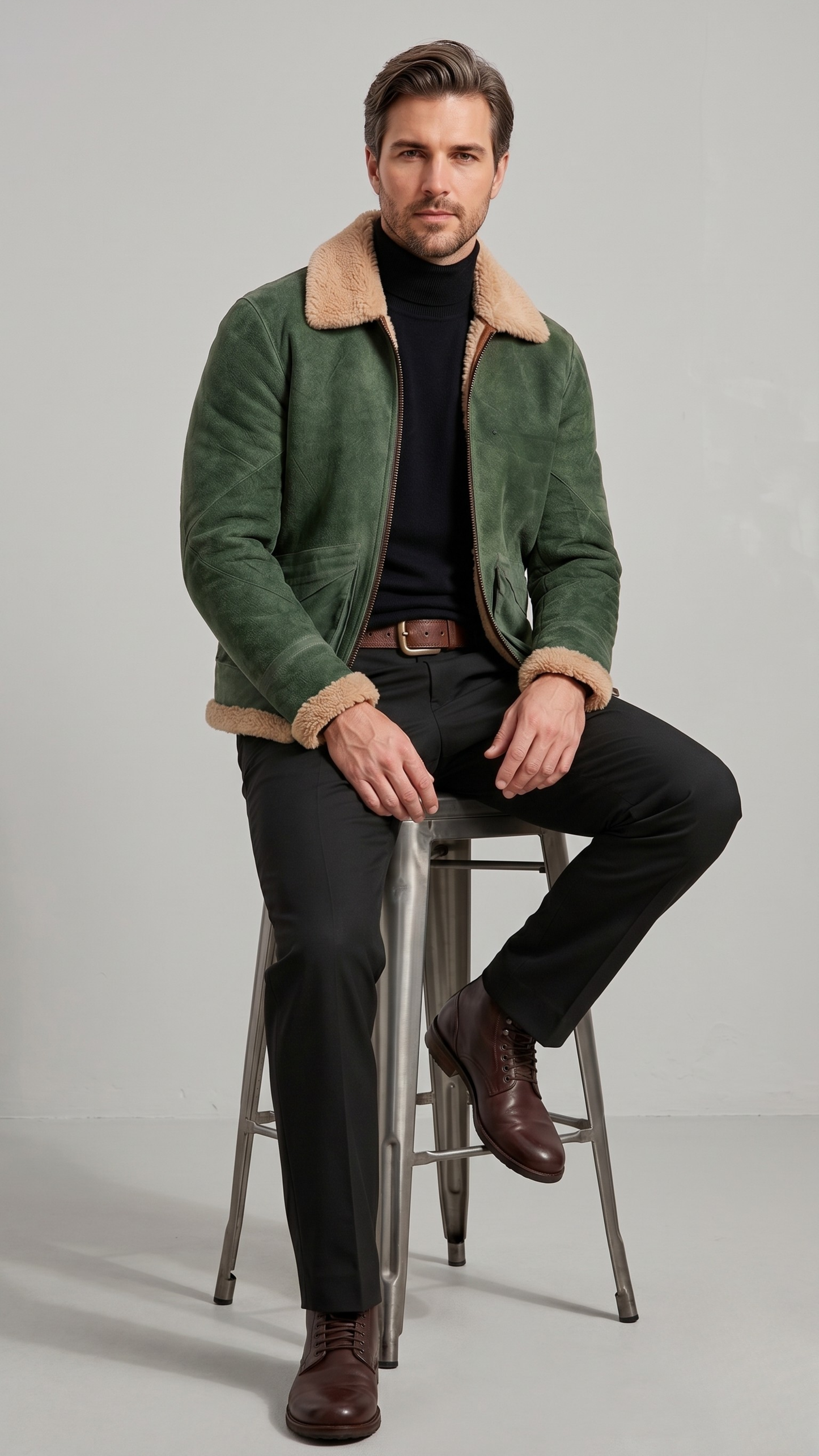 Classic military style olive green suede jacket with stylish cream sherpa trim, perfect for cold weather menswear.