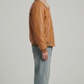 Warm winter sheepskin style jacket in light brown leather featuring cozy cream fur collar.