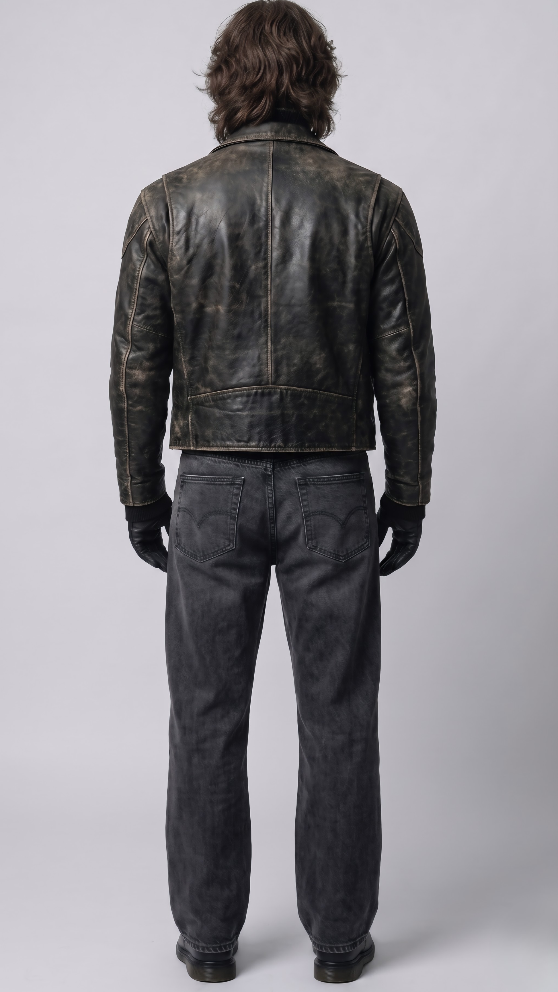 A man viewed from the back wearing a distressed black leather jacket, dark gray jeans, and black gloves against a light gray studio background.
