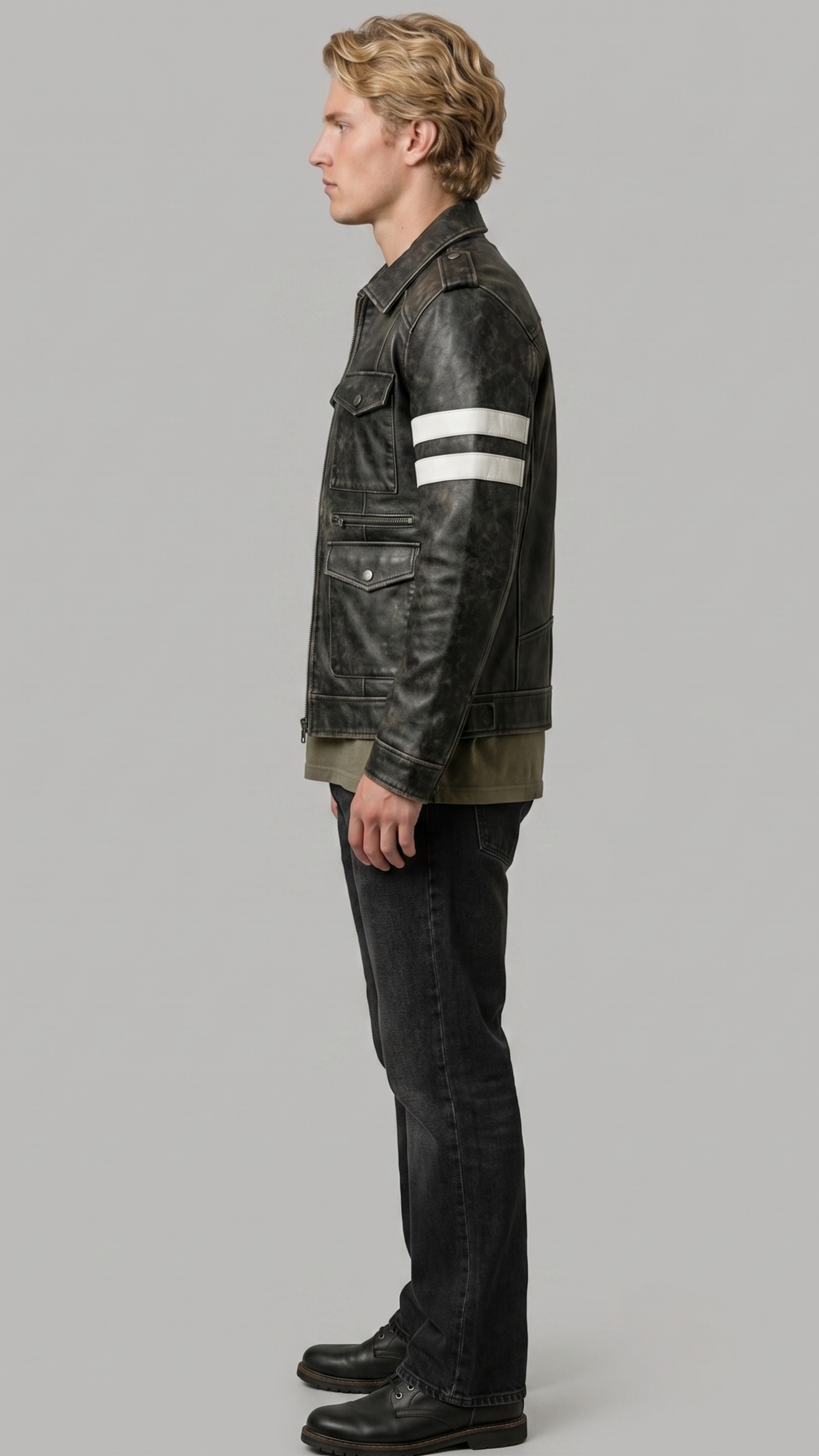 Full-body studio lookbook photo of a model wearing a premium black leather racer jacket, styled with dark trousers for a smart casual look.
