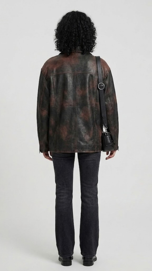 Straight-on back view of a minimalist black leather trucker jacket showcasing its structured paneling and tailored vintage look.
