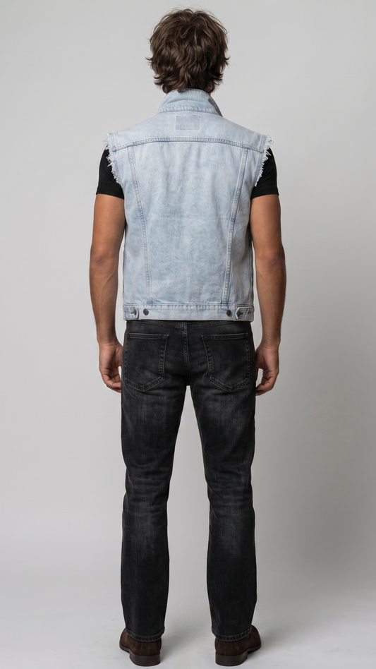 Sleek light wash denim sleeveless jacket designed for a modern urban street look and relaxed everyday wear.