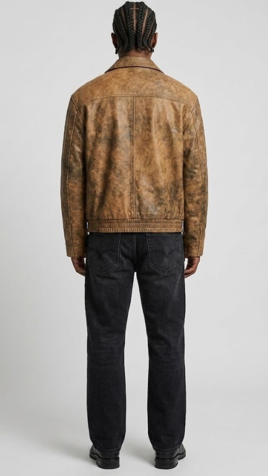 A man viewed from the back wearing a brown distressed leather jacket and dark charcoal jeans, standing against a light gray studio background.