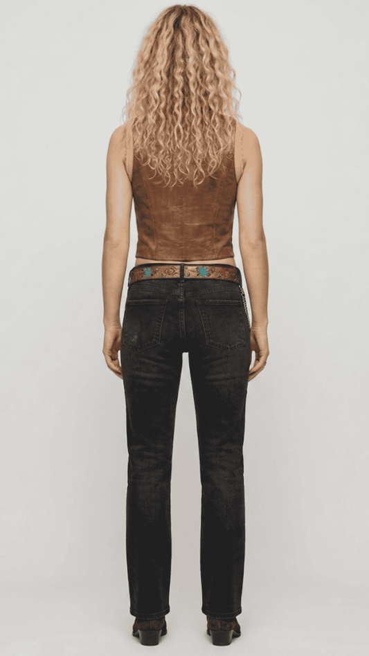 Regular fit Women's tan leather gilet displaying functional front pockets and a clean, comfortable tailored profile.
