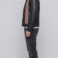 Men's classic black leather motorcycle jacket with distinctive arm stripes and secure zipper details.