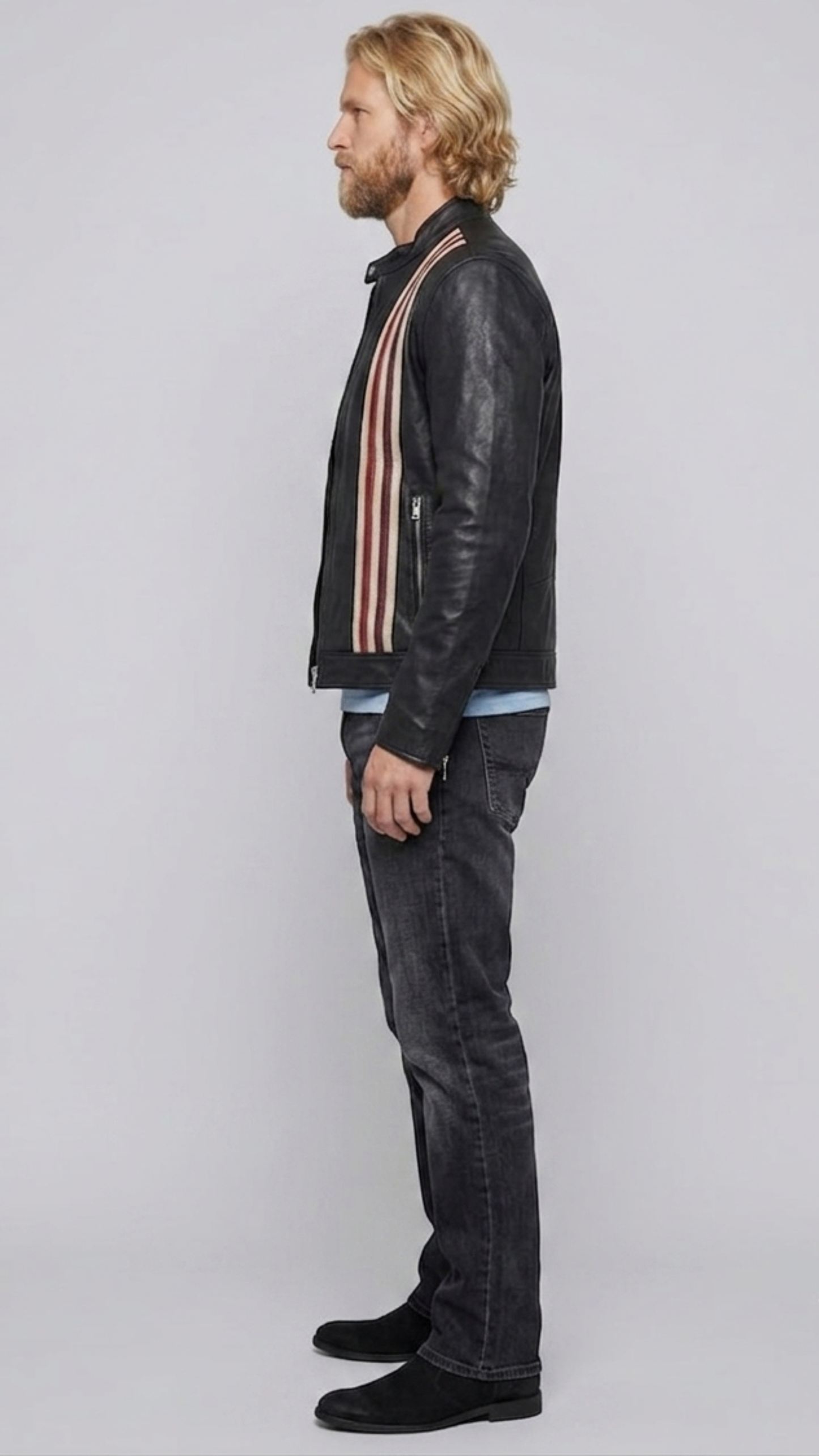Men's classic black leather motorcycle jacket with distinctive arm stripes and secure zipper details.