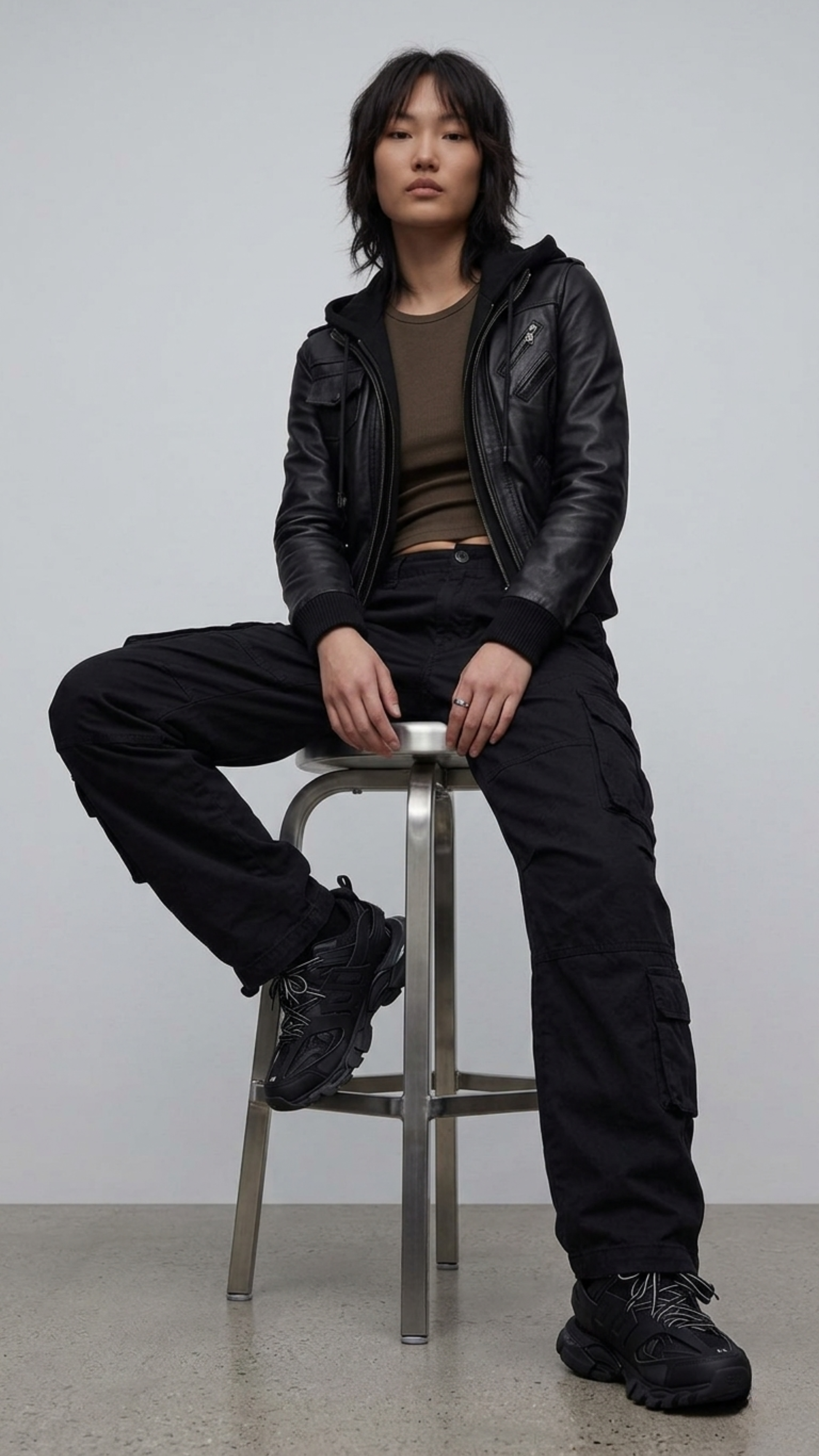 Edgy urban lifestyle lookbook photography focusing on a retro-futuristic winter outfit utilizing a sleek black leather hooded outerwear jacket.