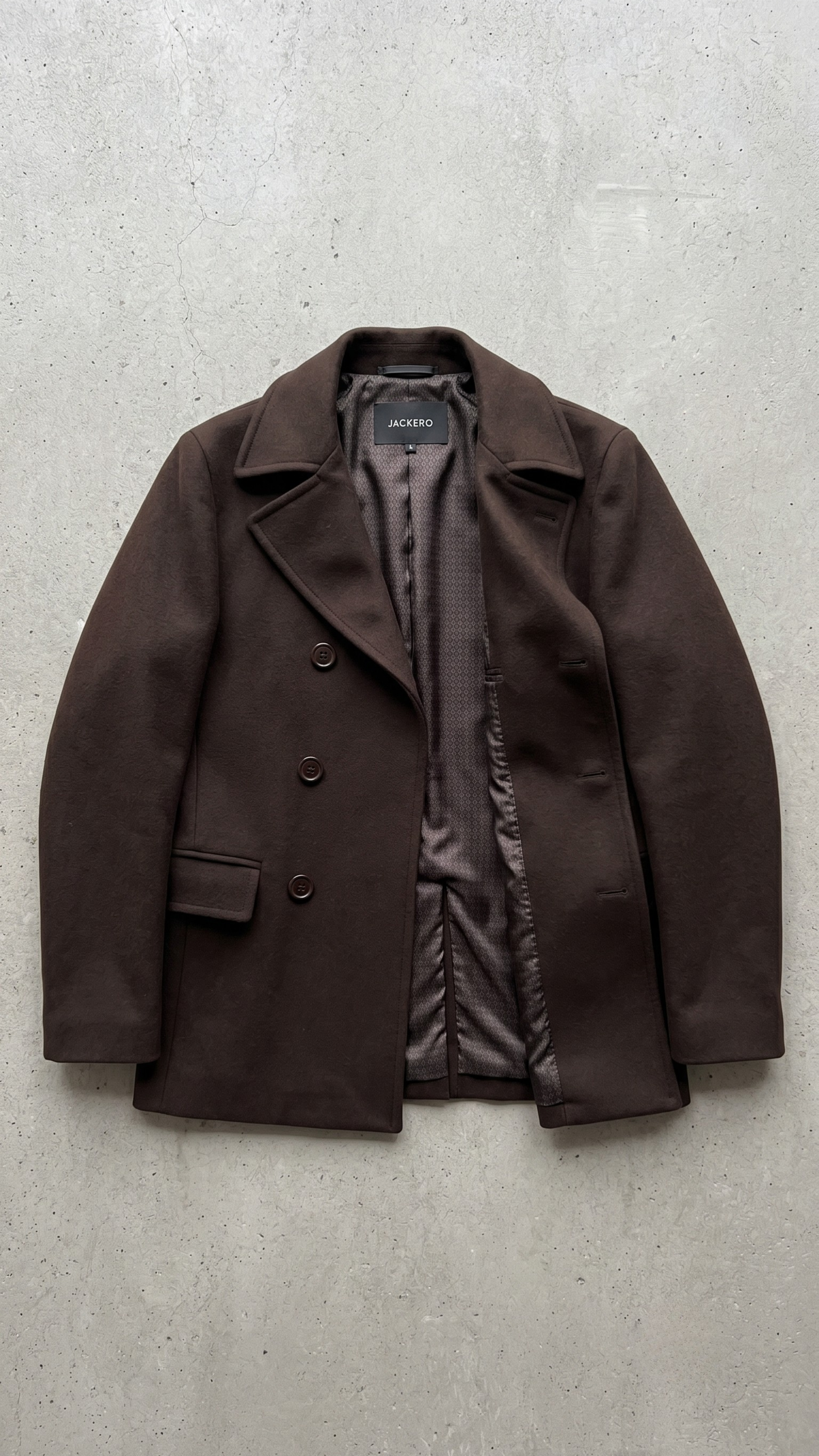 classic dark brown wool pea coat showcasing its clean winter design.