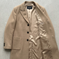 Detailed look at the button closure and clean lines of a camel-colored long winter coat.