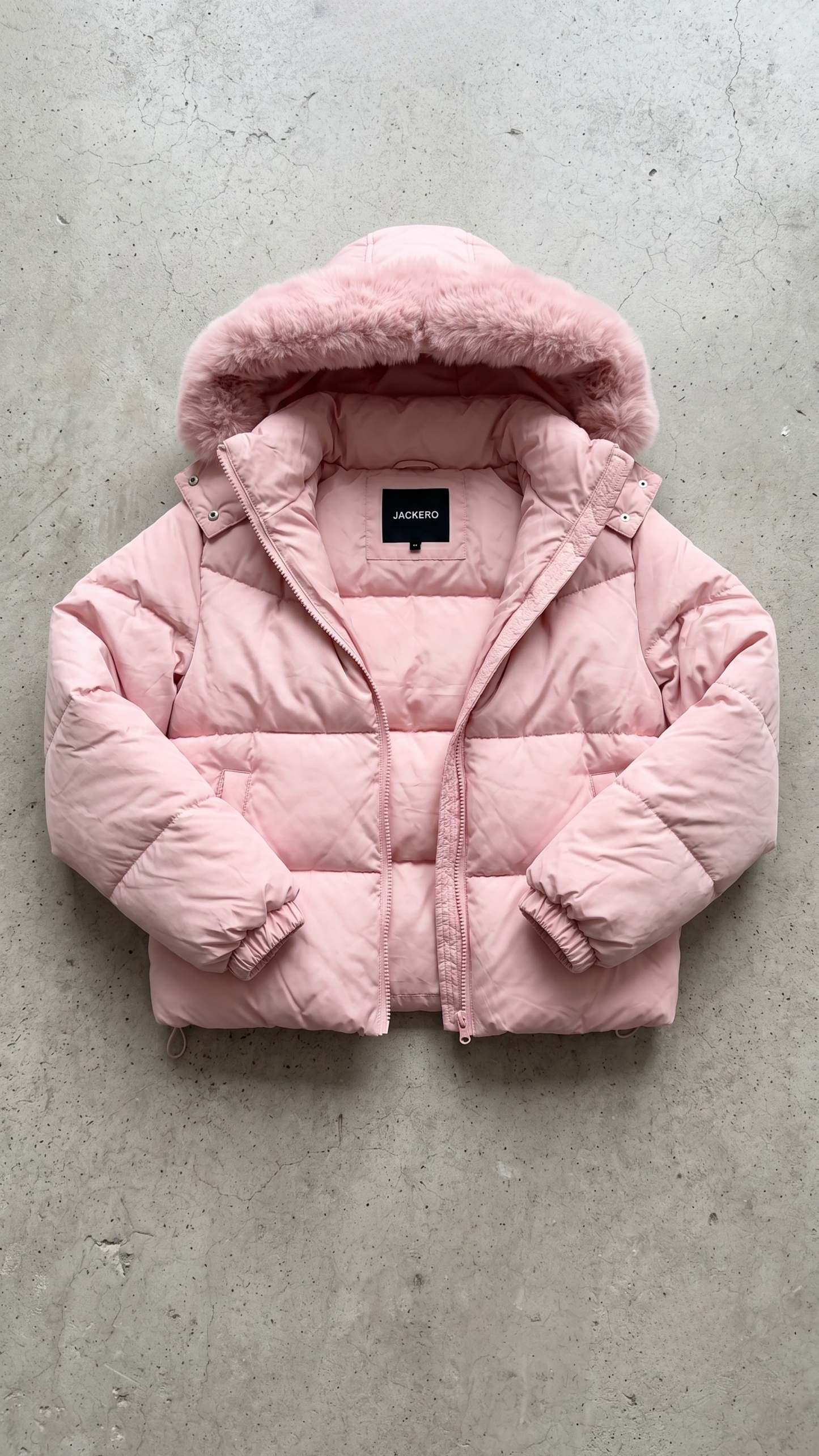 a pastel pink puffer jacket highlighting the high-quality zipper, soft fabric, and premium faux fur hood details.