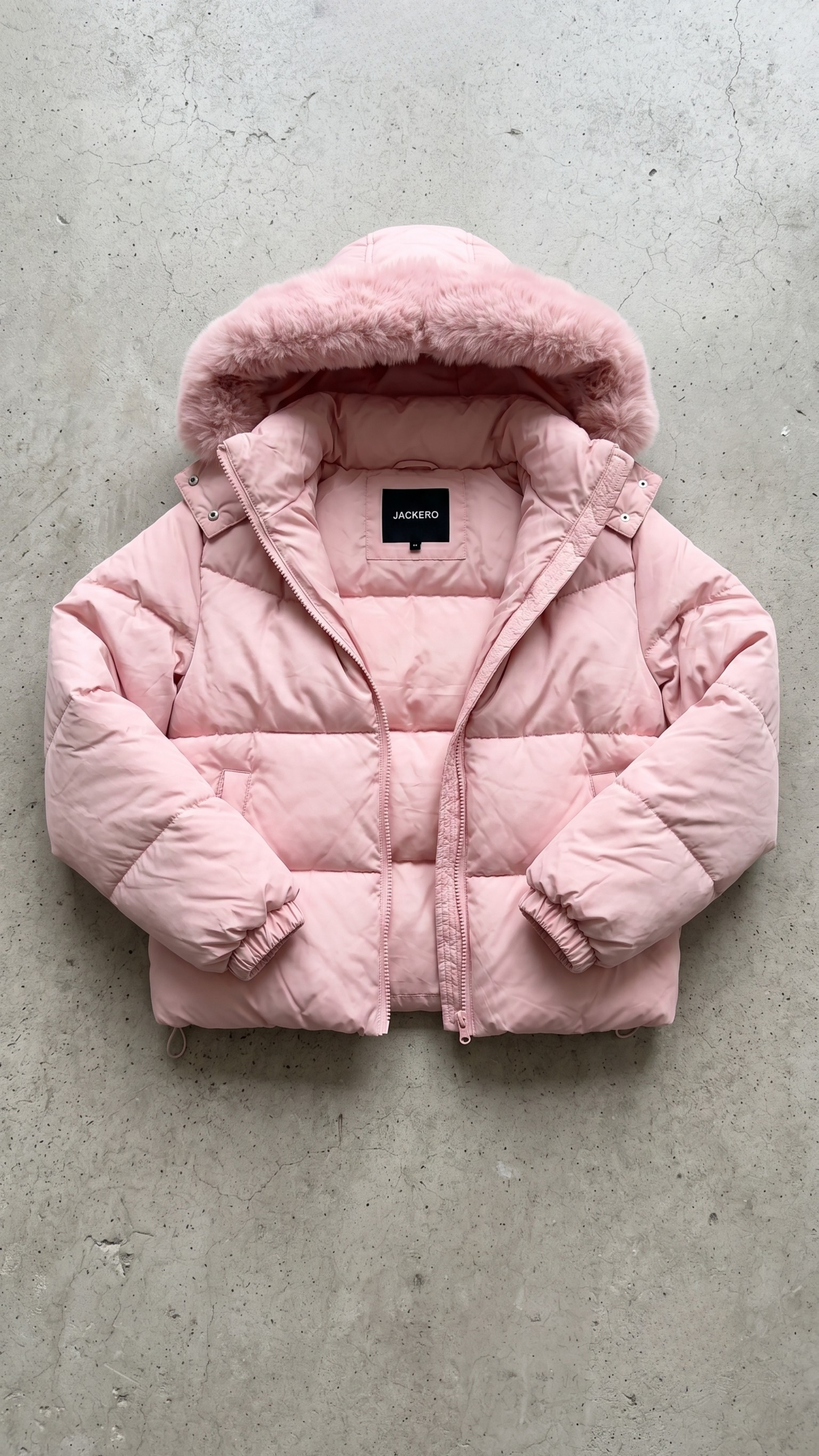 a pastel pink puffer jacket highlighting the high-quality zipper, soft fabric, and premium faux fur hood details.