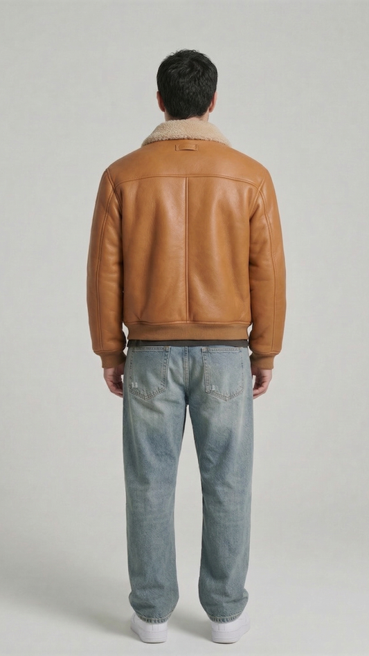Men's tan aviator bomber leather jacket with thick cream shearling trim on collar and cuffs.