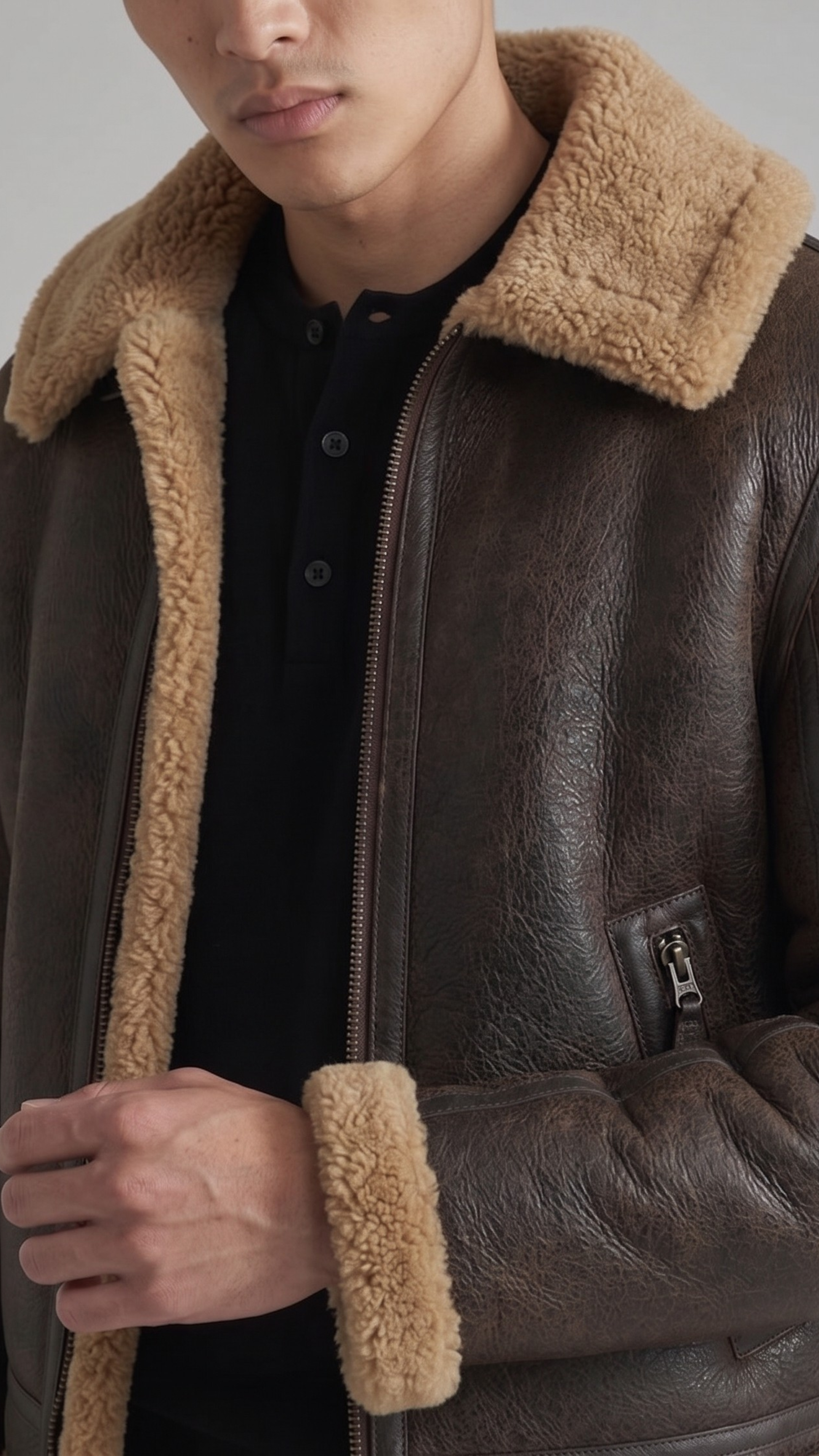 Close-up shot highlighting the premium dark brown leather texture and contrast tan shearling collar details.