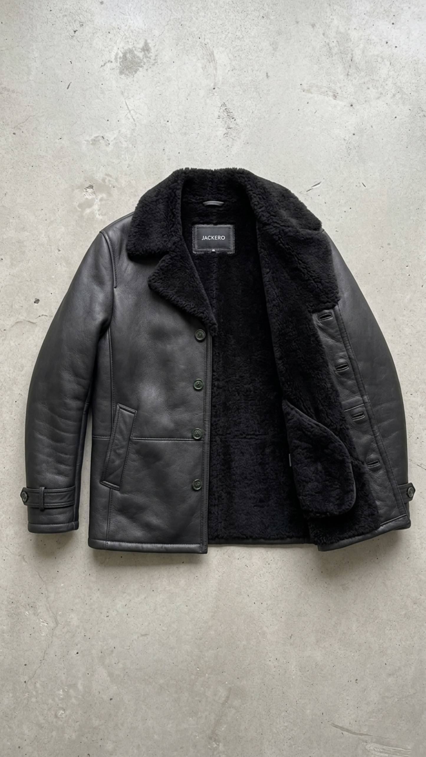 dual-textured look highlighting smooth black leather panels and thick black shearling on the lapels.