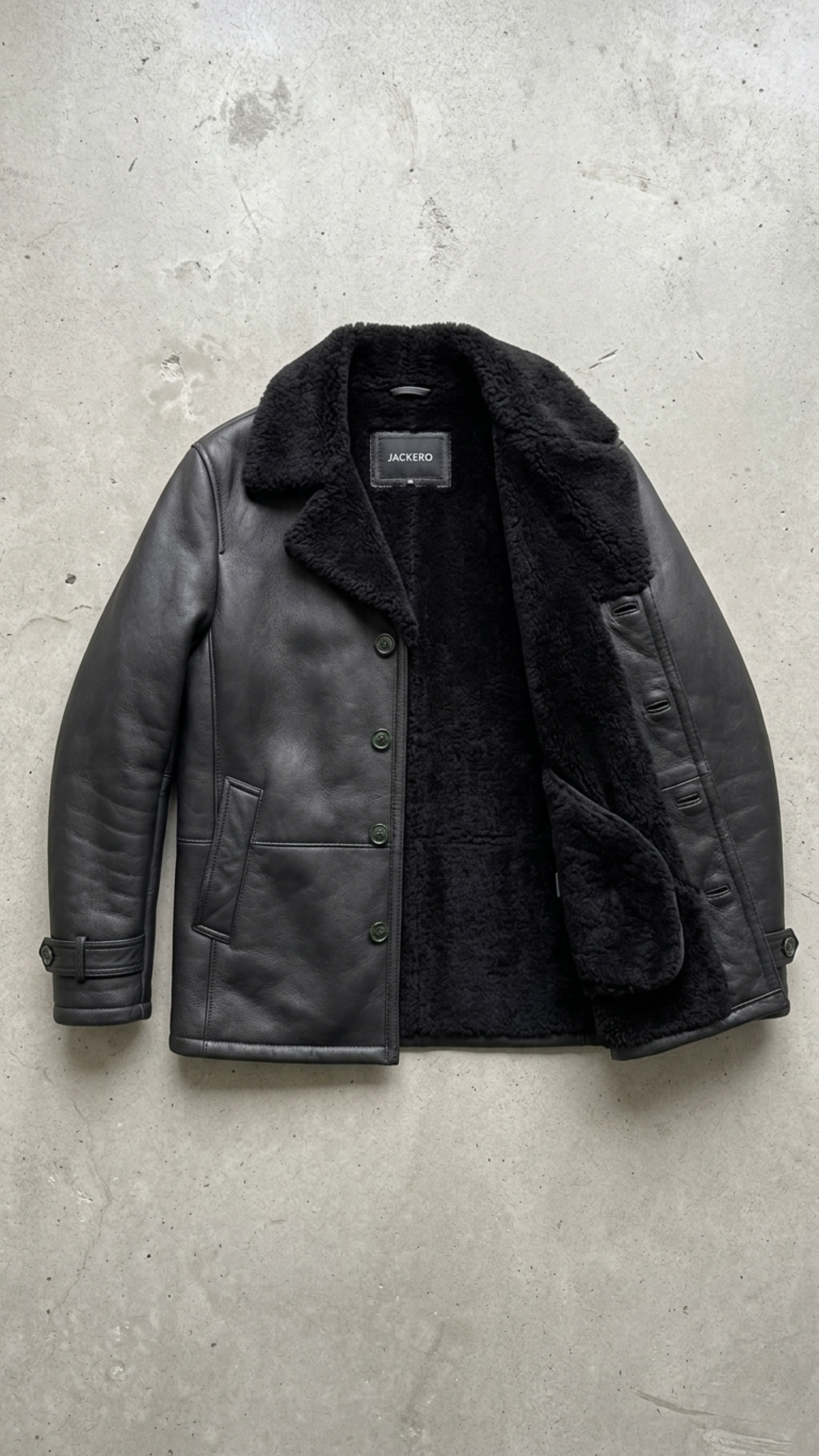 dual-textured look highlighting smooth black leather panels and thick black shearling on the lapels.