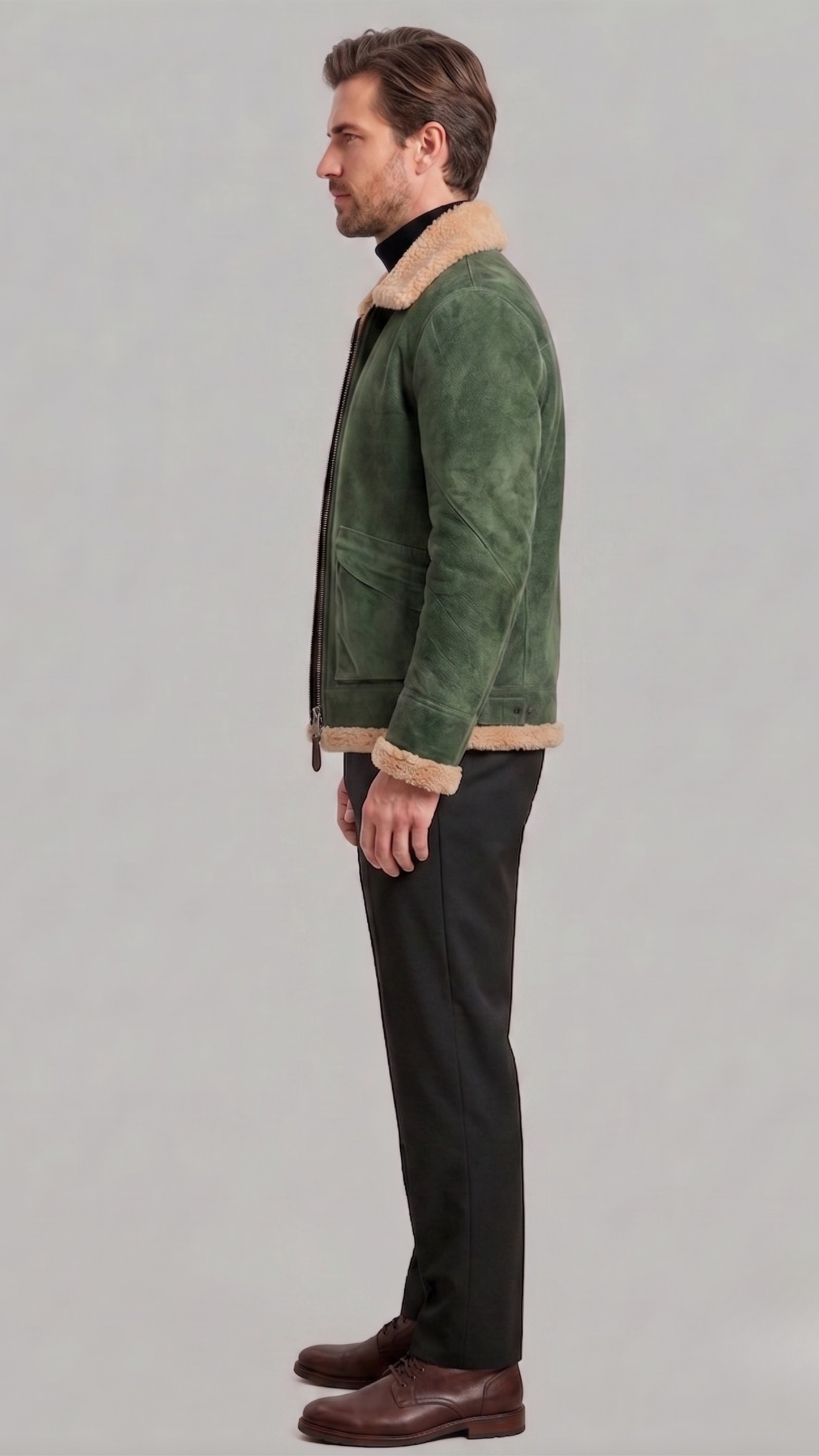 Structured olive green suede jacket showing neat stitching and premium tailored silhouette.