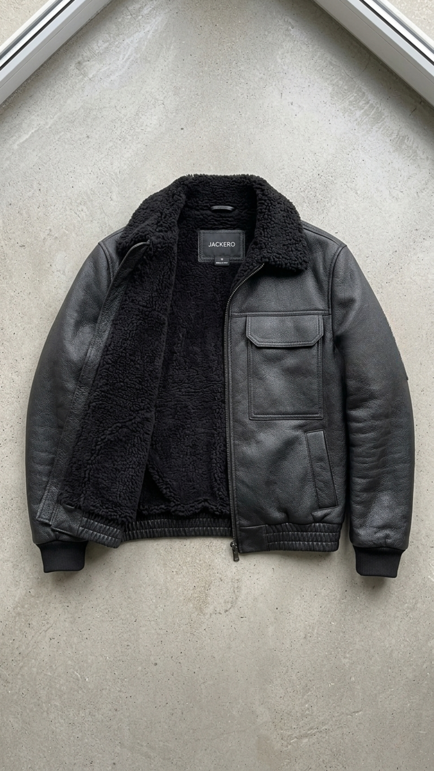 Close-up detail showcasing the premium grain black leather paired with thick, soft black shearling.