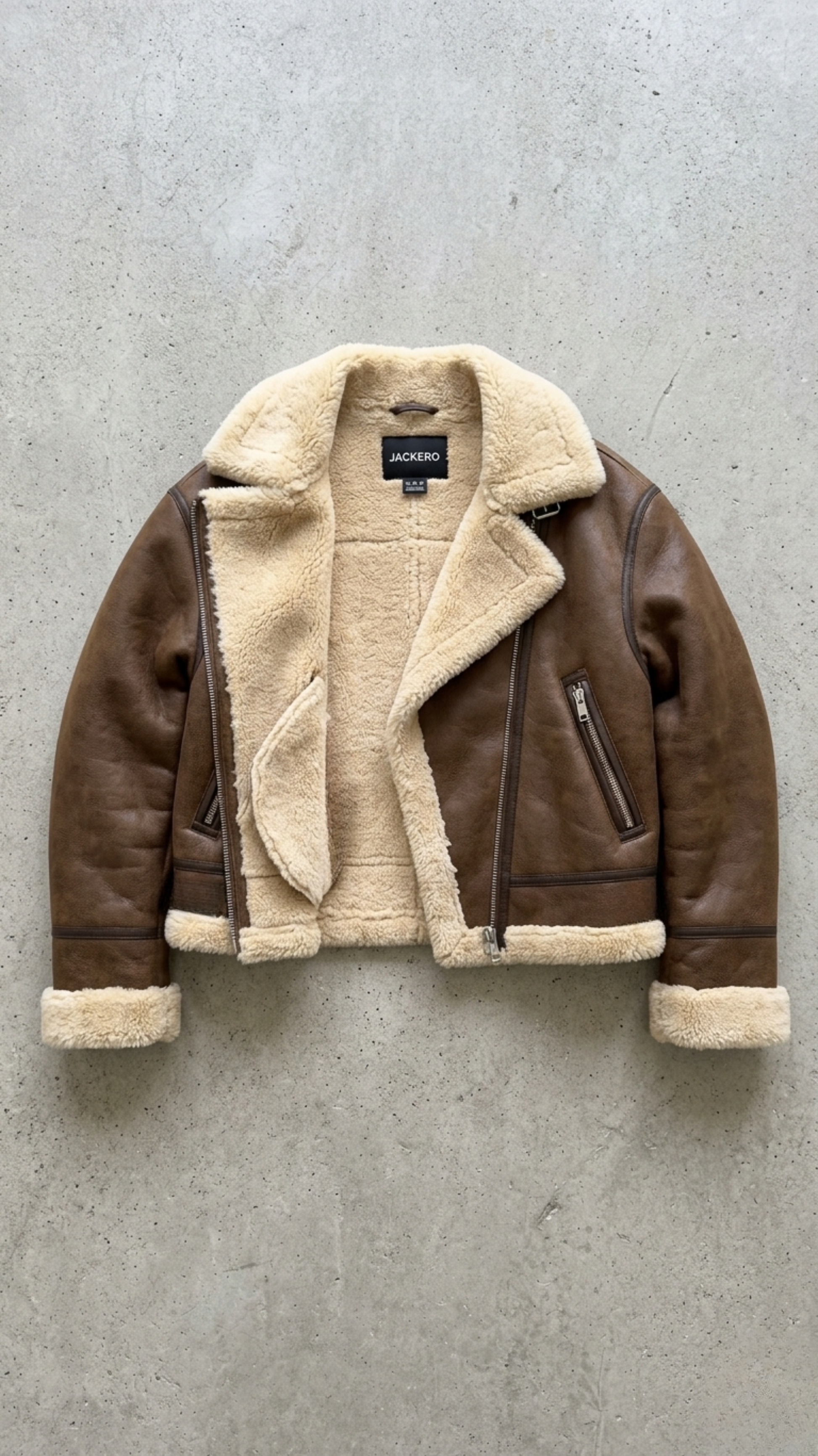 Brown leather jacket with beige shearling lining on a gray background