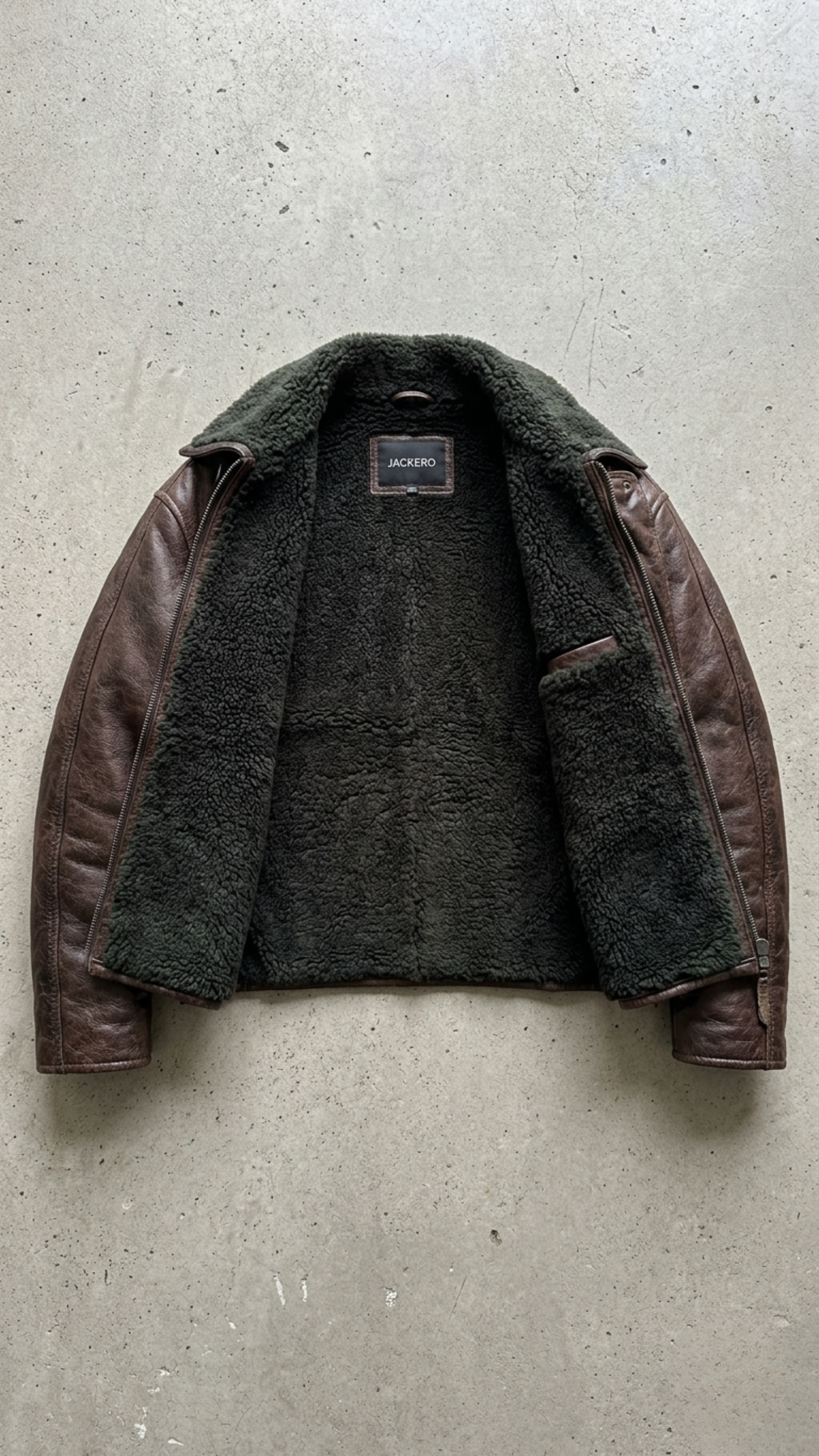 detail highlighting the dark brown leather panels paired with thick, soft black shearling on the lapels Two tone flight jacket flat-lay shot.