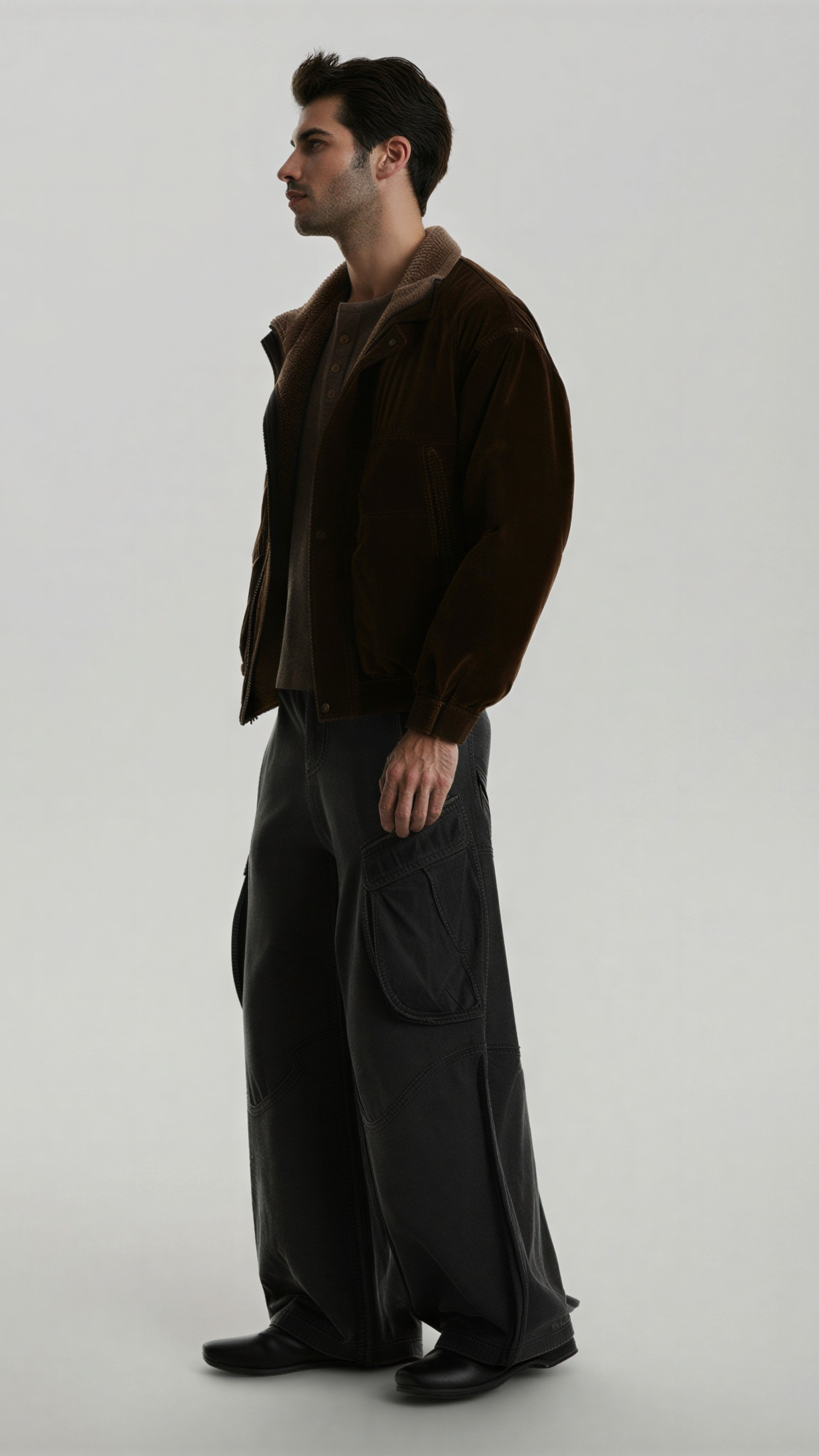 ark brown suede bomber jacket featuring an insulated brown shearling high-collar for wind protection.