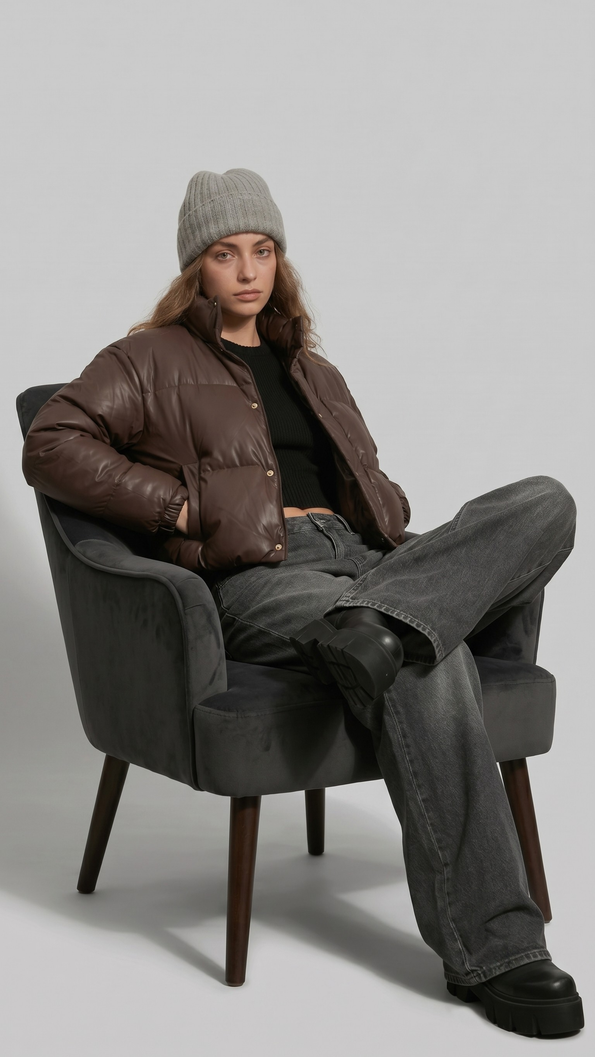 Person sitting in a chair wearing a brown jacket, gray beanie, and gray pants on a plain background