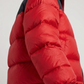 Macro detailed profile view capturing the high-density water-resistant nylon texture and premium insulated horizontal stitch lines of the red jacket.