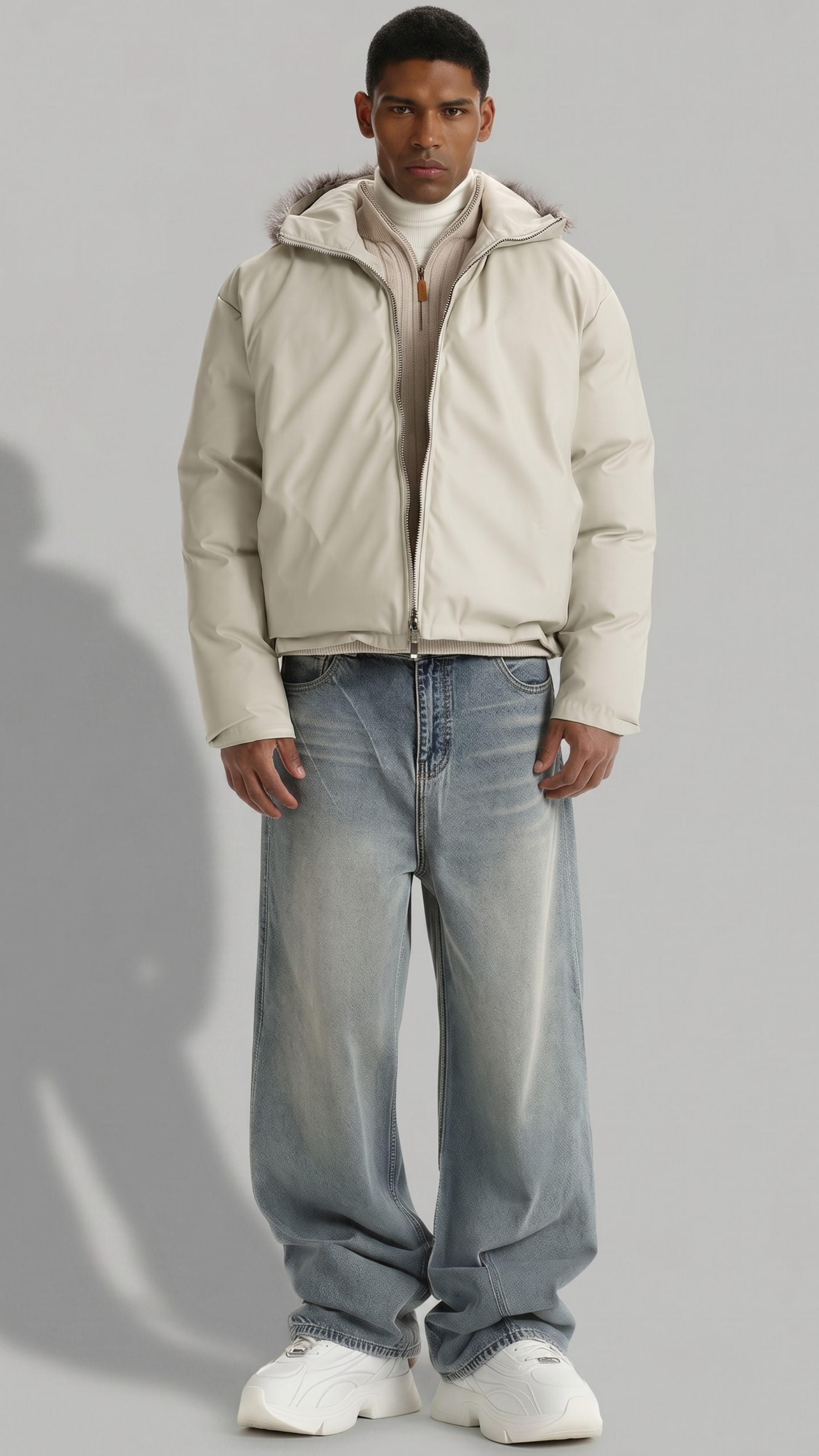 Front shot of a man wearing a crisp white puffer jacket with a plush fur-trimmed hood.