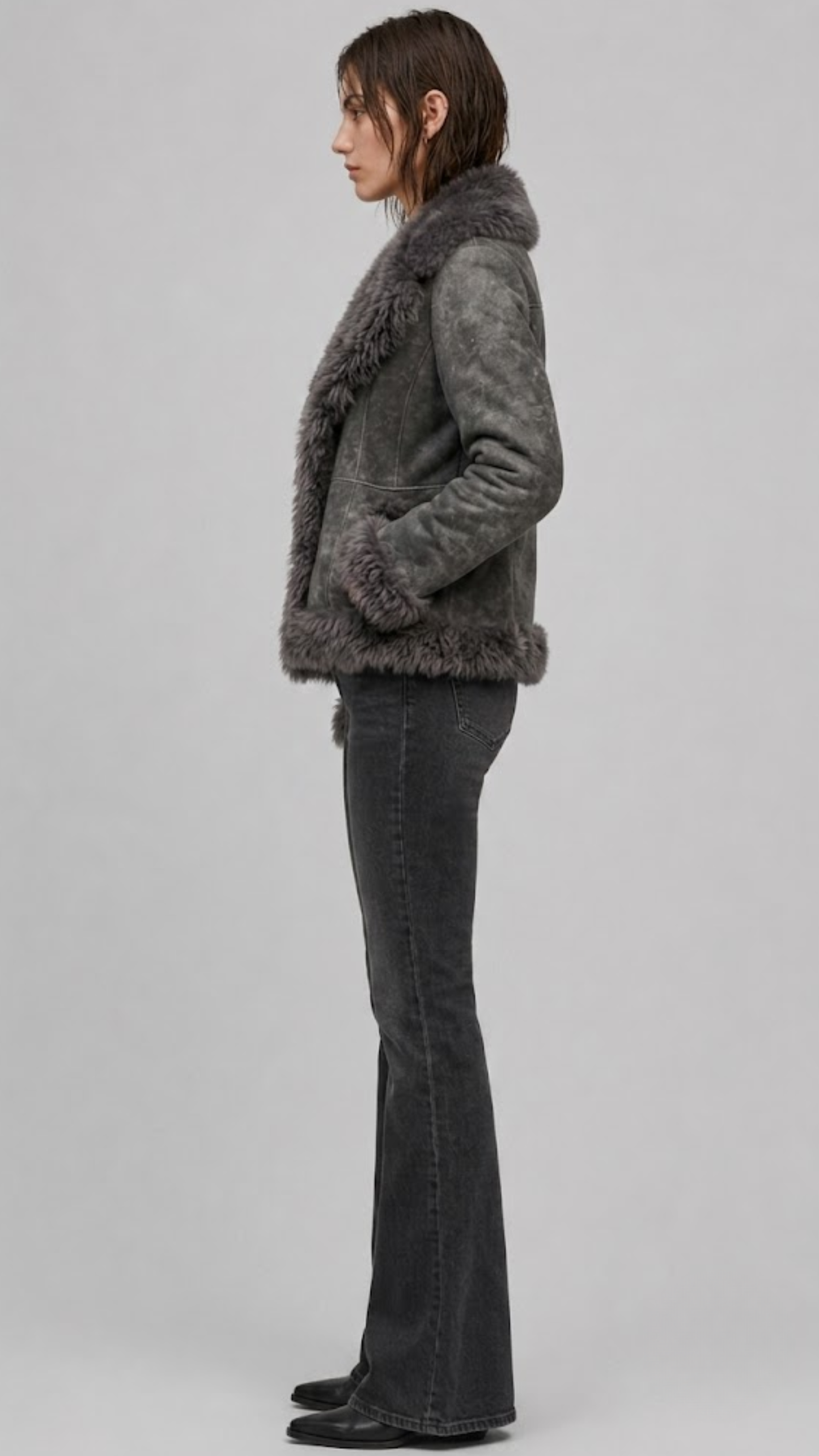Full-length studio catalog shot of a women's JACKERO charcoal grey plush shearling winter jacket on a plain backdrop.