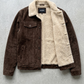 Jackero dark chocolate brown suede trucker coat with soft cream shearling collar.