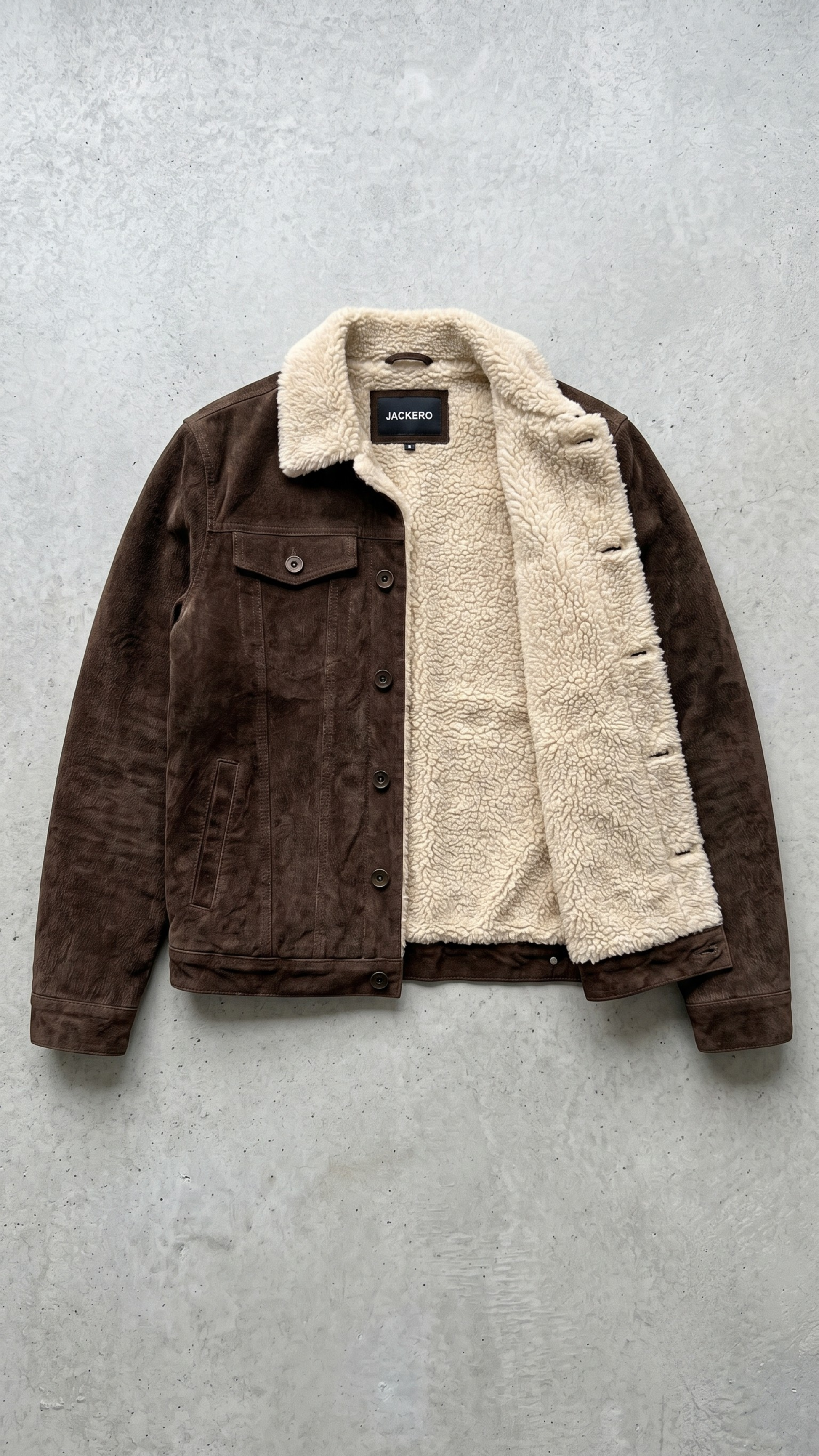 Jackero dark chocolate brown suede trucker coat with soft cream shearling collar.