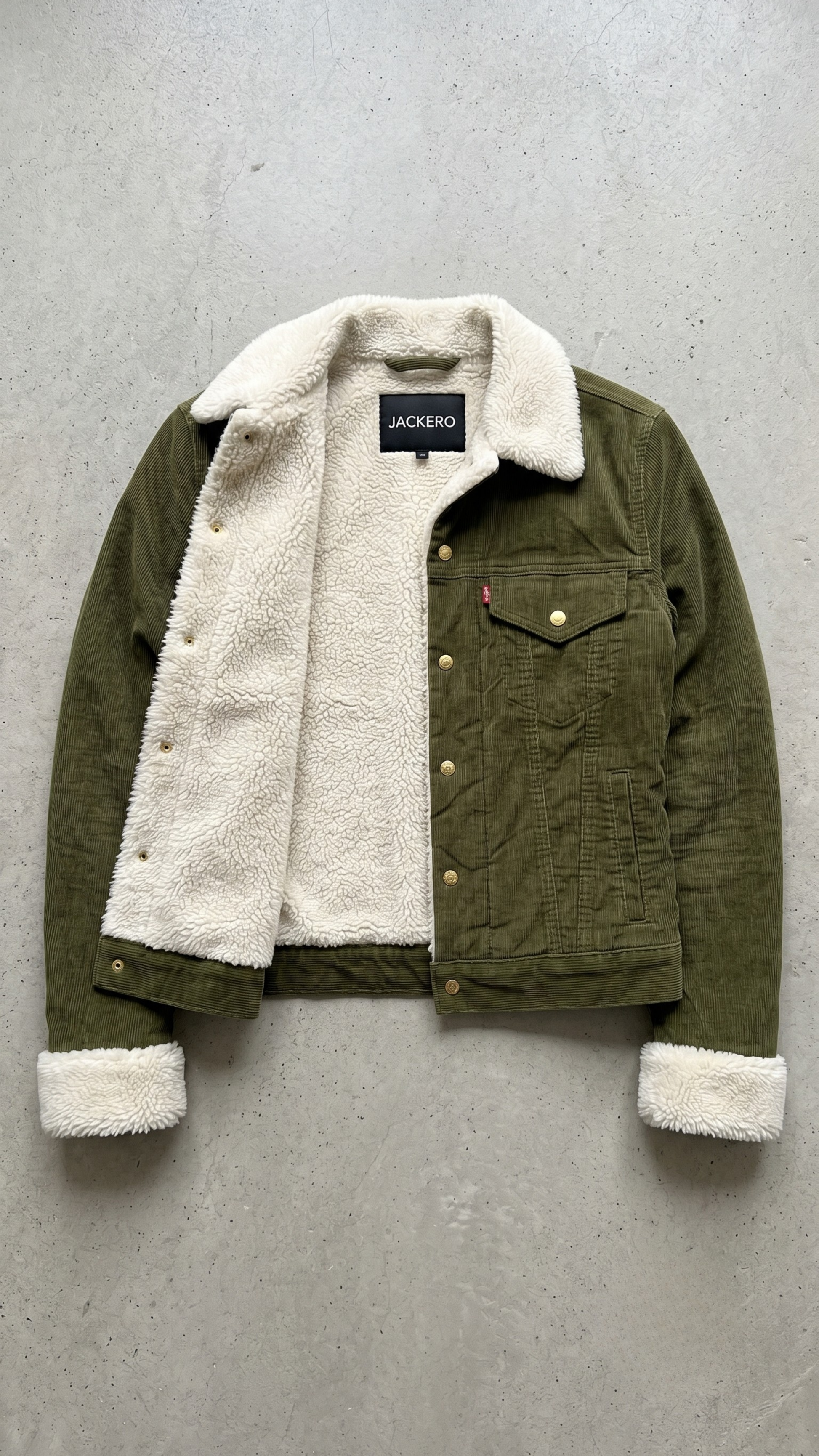 Green jacket with white fur lining on a gray background