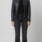 Front full view of a premium women's black leather jacket showcasing a bold crocodile embossed texture and elegant asymmetric zipper closure.