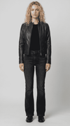 Front full view of a premium women's black leather jacket showcasing a bold crocodile embossed texture and elegant asymmetric zipper closure.
