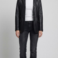Jackero premium women's black leather blazer showcasing a sharp, contoured slim-fit design and elegant lapels.
