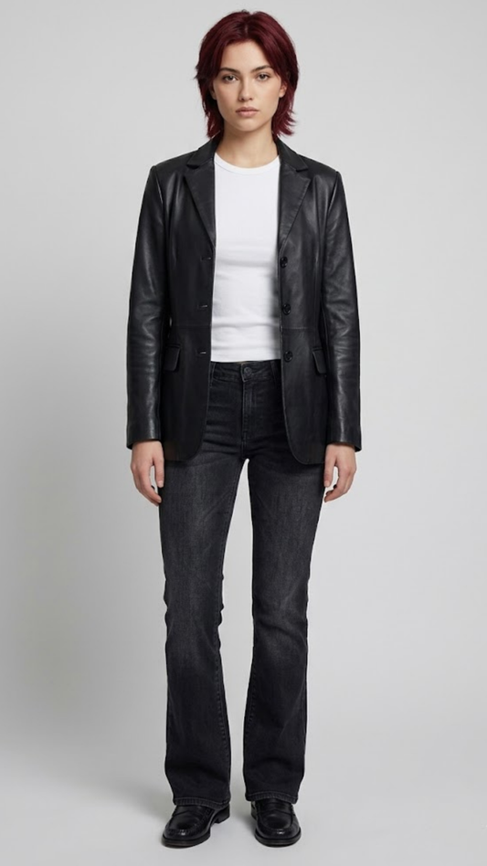 Jackero premium women's black leather blazer showcasing a sharp, contoured slim-fit design and elegant lapels.