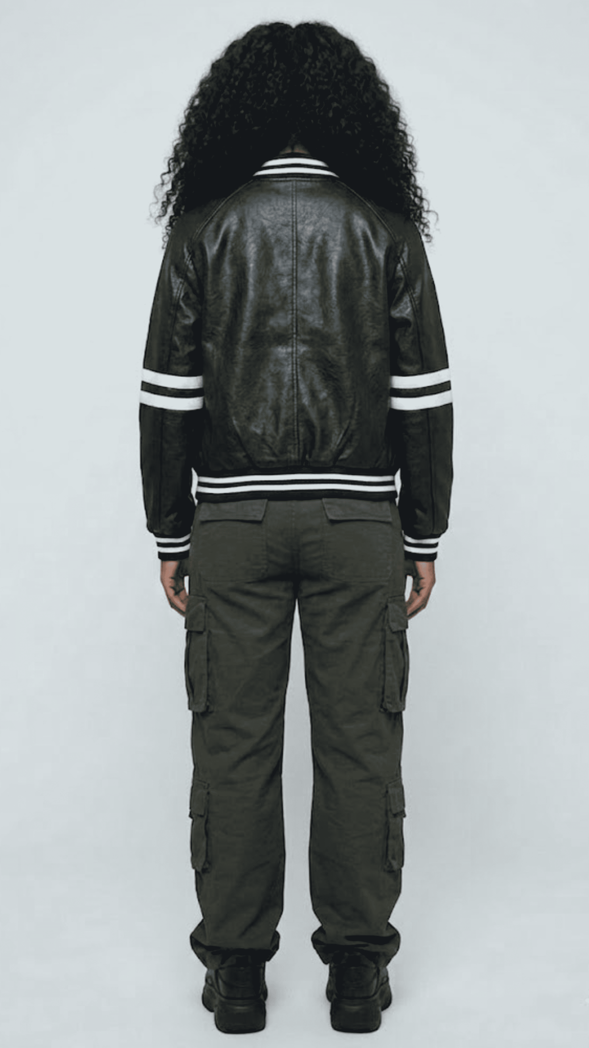 Straight-on back view of the classic Jackero black leather cafe racer jacket showing clean seams and shoulder structure.