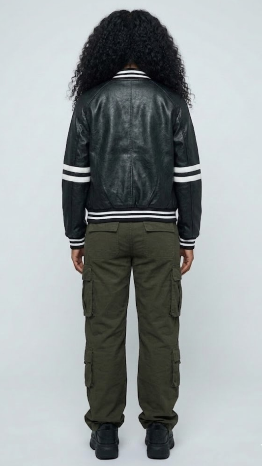 Straight-on back view of the classic Jackero black leather cafe racer jacket showing clean seams and shoulder structure.