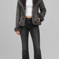 JACKERO Women's charcoal grey suede shearling jacket featuring a plush oversized fur collar and fur-trimmed cuffs.