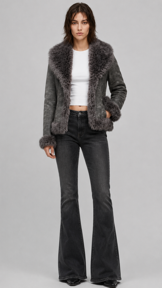 JACKERO Women's charcoal grey suede shearling jacket featuring a plush oversized fur collar and fur-trimmed cuffs.