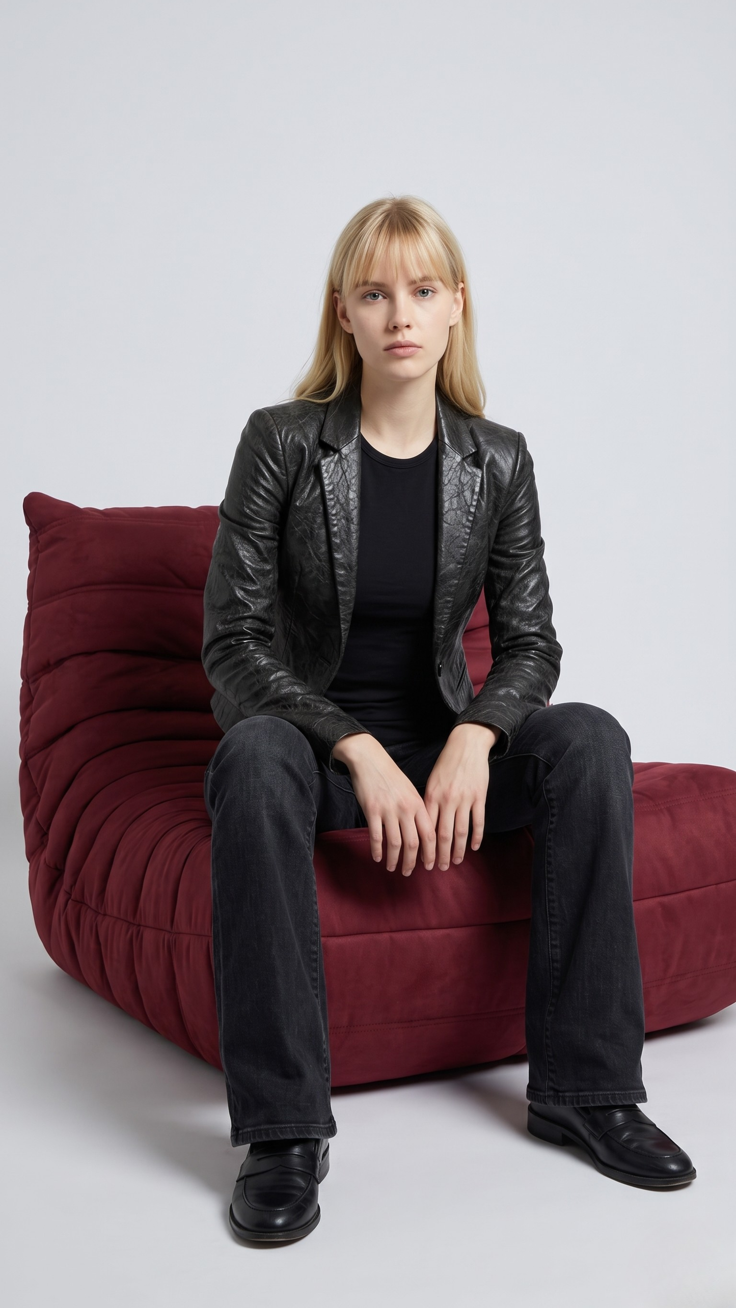 Women's sophisticated fashion showcasing a structured black leather suit jacket styled for a modern smart-formal look.