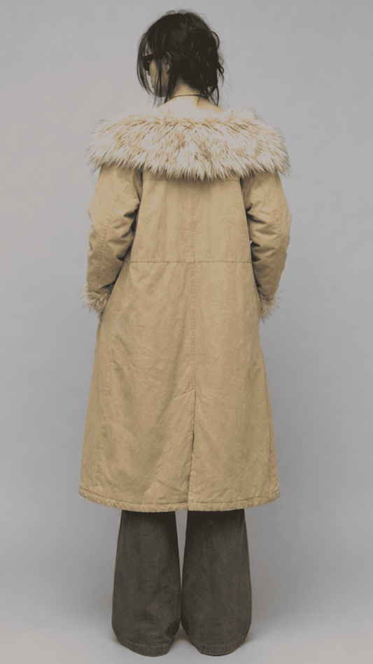 Back view displaying the clean hemline, center vent, and longline silhouette of a light yellow cotton overcoat.
