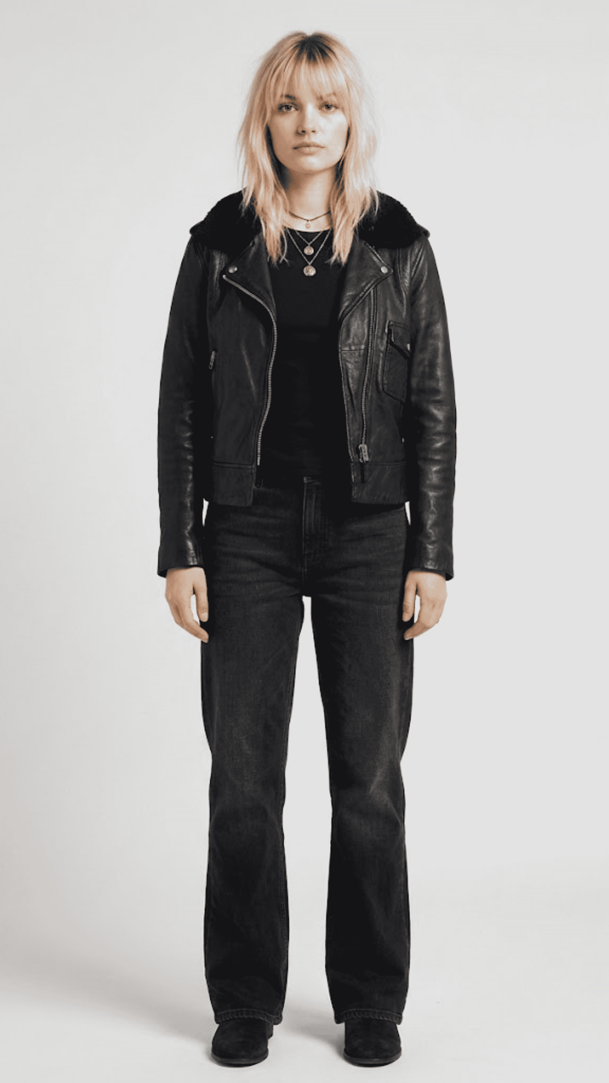 Premium edition front view of the Jackero premium black leather biker jacket, featuring heavy-duty polished zippers and luxury wide lapels.